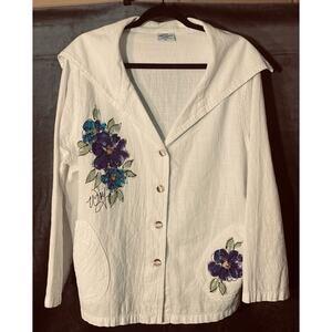 Womens Cottonseed Flower Sweater, Button Up Shirt, Warm, Pockets, Watercolor